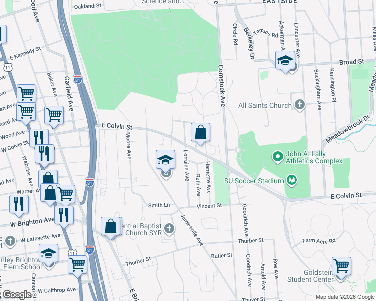 map of restaurants, bars, coffee shops, grocery stores, and more near 128 Lorraine Avenue in Syracuse