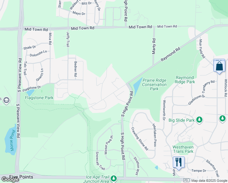 map of restaurants, bars, coffee shops, grocery stores, and more near 2801 Hickory Ridge Road in Madison