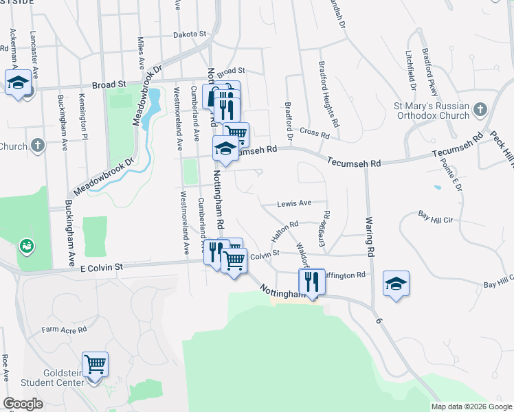 map of restaurants, bars, coffee shops, grocery stores, and more near 302 Waldorf Parkway in Syracuse