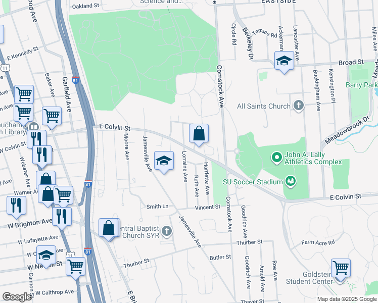 map of restaurants, bars, coffee shops, grocery stores, and more near 128 Lorraine Avenue in Syracuse