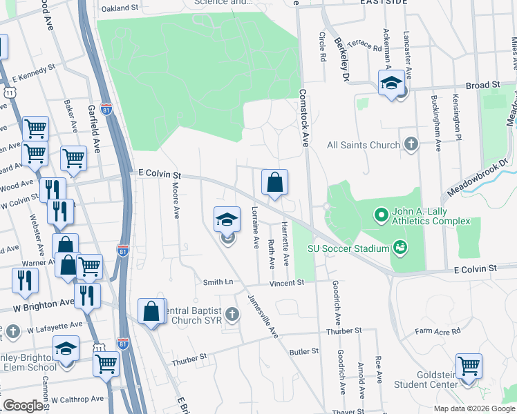 map of restaurants, bars, coffee shops, grocery stores, and more near 128 Lorraine Avenue in Syracuse