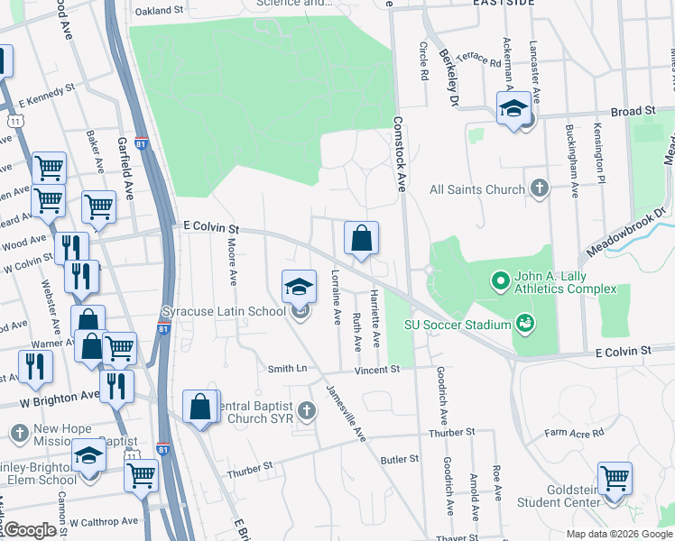 map of restaurants, bars, coffee shops, grocery stores, and more near 128 Lorraine Avenue in Syracuse