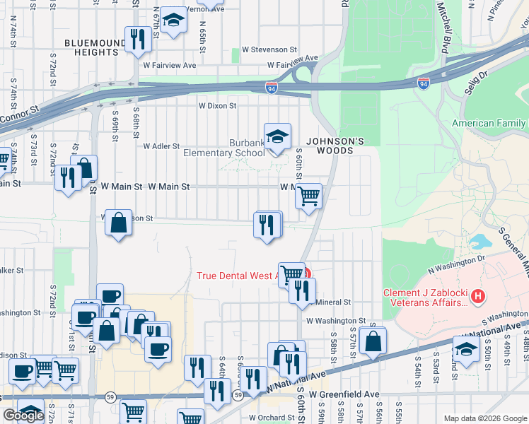 map of restaurants, bars, coffee shops, grocery stores, and more near 660 South 62nd Street in Milwaukee