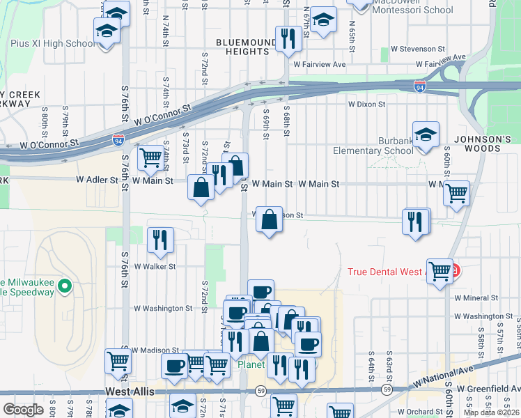 map of restaurants, bars, coffee shops, grocery stores, and more near 653 South 69th Street in Milwaukee