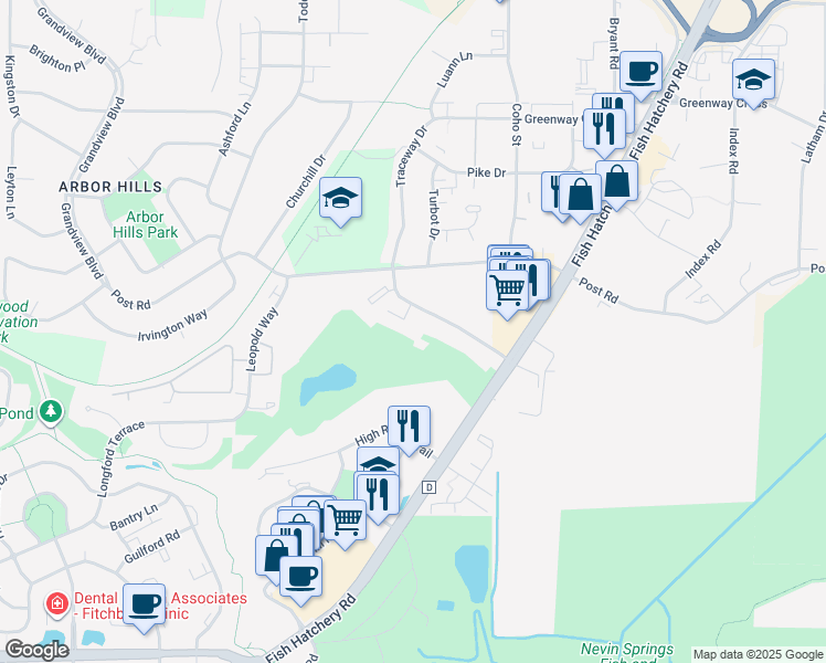 map of restaurants, bars, coffee shops, grocery stores, and more near 2201 Traceway Drive in Madison