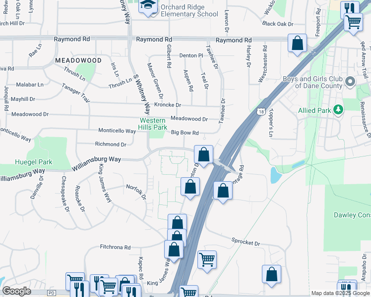 map of restaurants, bars, coffee shops, grocery stores, and more near 5401 Williamsburg Way in Fitchburg
