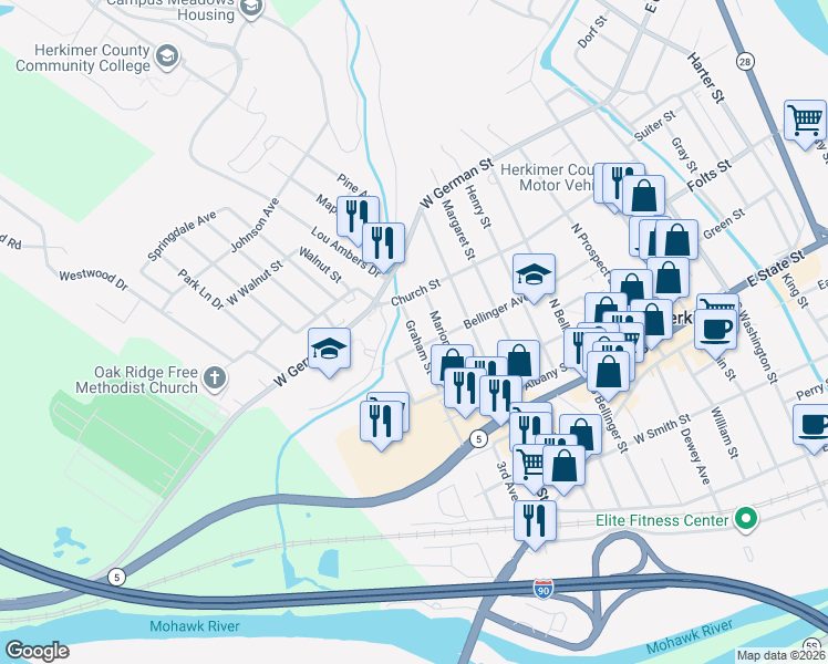 map of restaurants, bars, coffee shops, grocery stores, and more near 314 Graham Street in Herkimer
