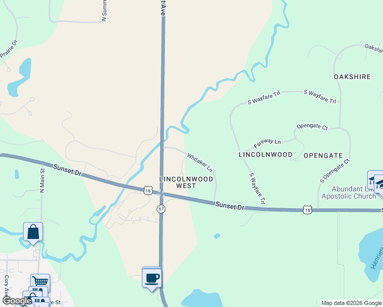 map of restaurants, bars, coffee shops, grocery stores, and more near 35871 Whitaker Lane in Oconomowoc