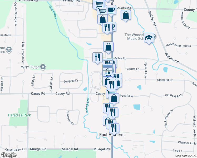 map of restaurants, bars, coffee shops, grocery stores, and more near 202 Breezewood Common in East Amherst