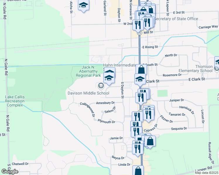 map of restaurants, bars, coffee shops, grocery stores, and more near 600 South Dayton Street in Davison