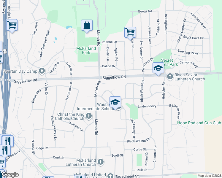 map of restaurants, bars, coffee shops, grocery stores, and more near 5112 Leanne Lane in McFarland