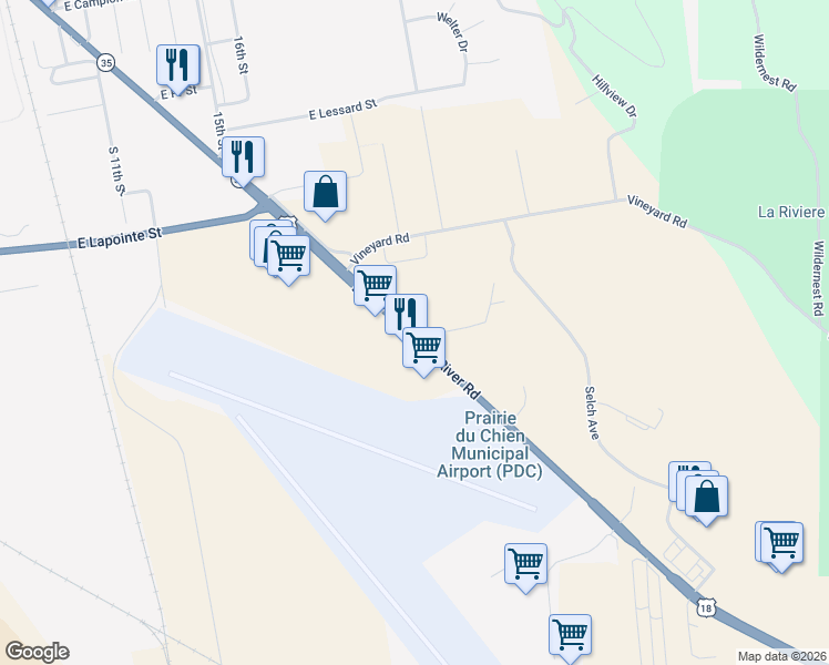map of restaurants, bars, coffee shops, grocery stores, and more near 37496 U.S. 18 in Prairie du Chien
