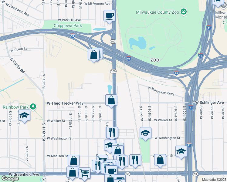 map of restaurants, bars, coffee shops, grocery stores, and more near 555 South 108th Street in West Allis