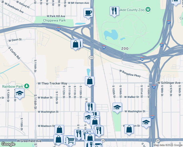 map of restaurants, bars, coffee shops, grocery stores, and more near 555 South 108th Street in West Allis