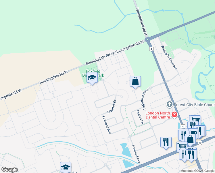 map of restaurants, bars, coffee shops, grocery stores, and more near 1992 Denview Avenue in London