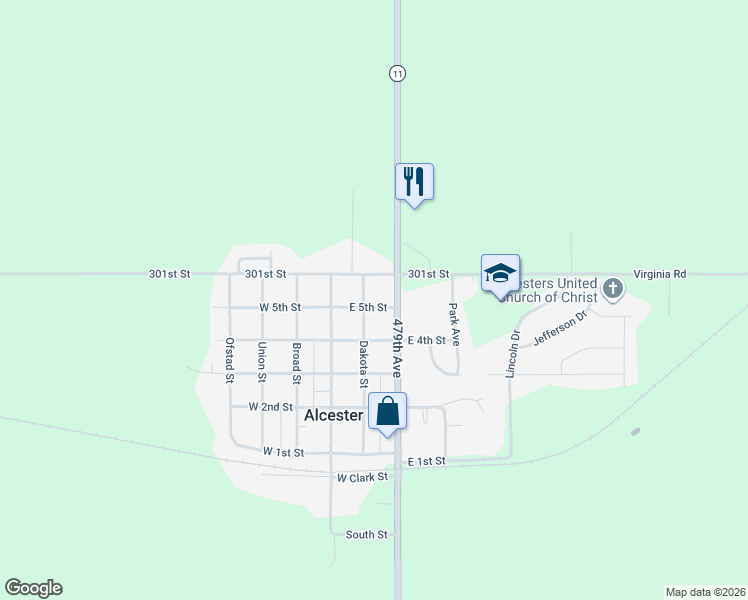 map of restaurants, bars, coffee shops, grocery stores, and more near 200-214 East 5th Street in Alcester