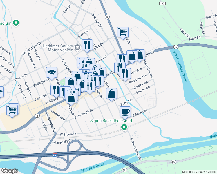 map of restaurants, bars, coffee shops, grocery stores, and more near 200 South Washington Street in Herkimer