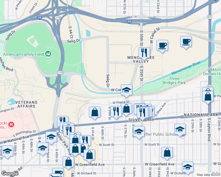 map of restaurants, bars, coffee shops, grocery stores, and more near 3800 West Canal Street in Milwaukee