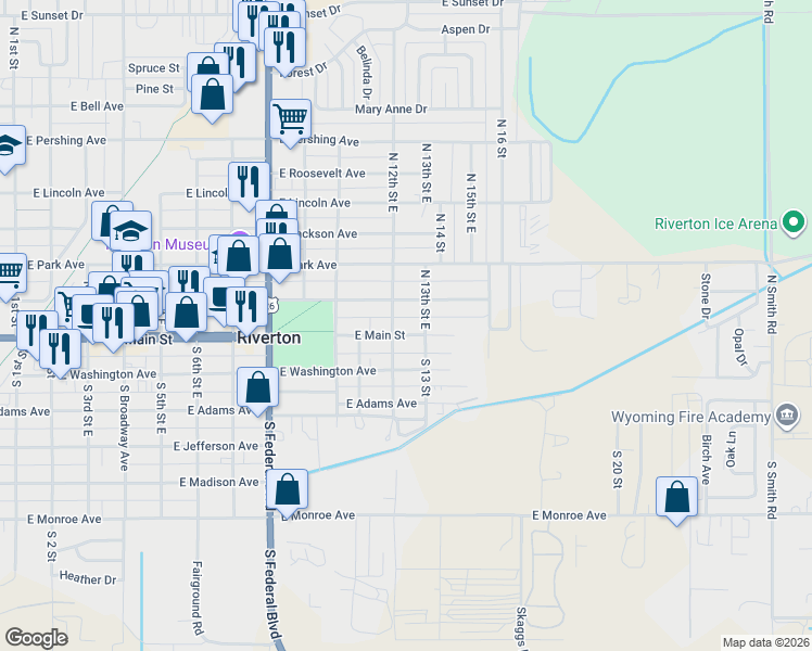 map of restaurants, bars, coffee shops, grocery stores, and more near 1215 East Main Street in Riverton