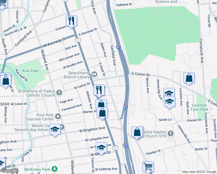 map of restaurants, bars, coffee shops, grocery stores, and more near 2116 South State Street in Syracuse