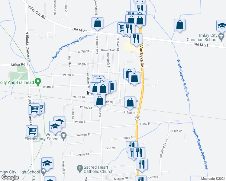 map of restaurants, bars, coffee shops, grocery stores, and more near 151 East 3rd Street in Imlay City