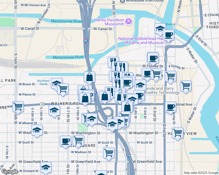 map of restaurants, bars, coffee shops, grocery stores, and more near 642 West Pierce Street in Milwaukee