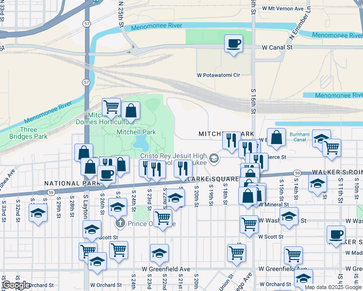map of restaurants, bars, coffee shops, grocery stores, and more near 2024-2026 West Pierce Street in Milwaukee