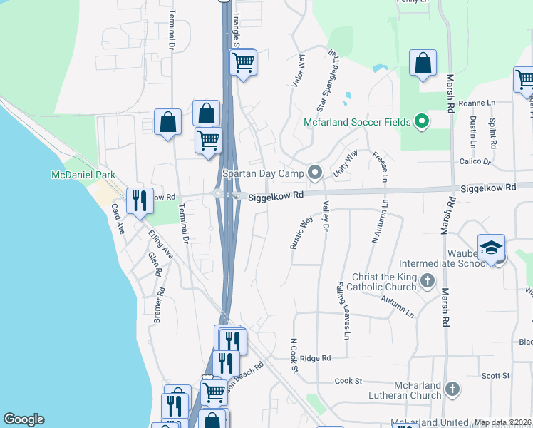 map of restaurants, bars, coffee shops, grocery stores, and more near 5010 Paulson Court in McFarland