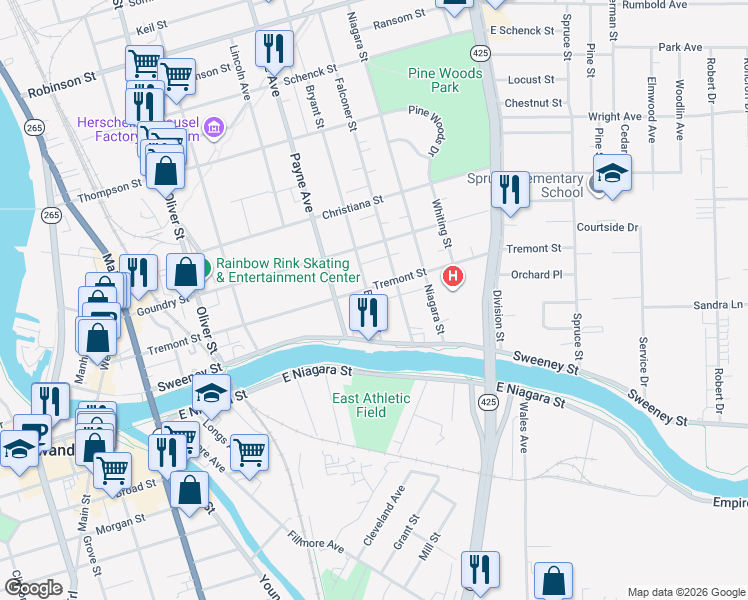 map of restaurants, bars, coffee shops, grocery stores, and more near 41 Bryant Street in North Tonawanda