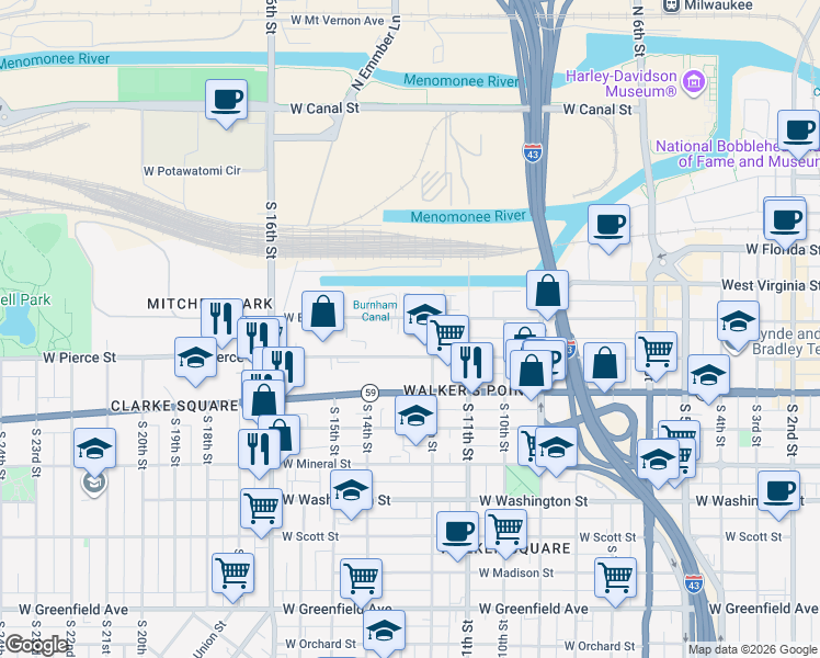 map of restaurants, bars, coffee shops, grocery stores, and more near 633 South 12th Street in Milwaukee
