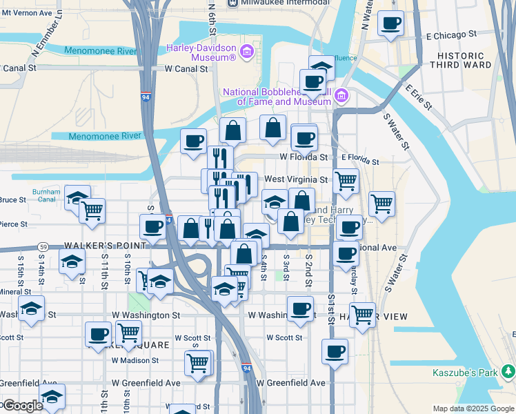 map of restaurants, bars, coffee shops, grocery stores, and more near 605 South 4th Street in Milwaukee