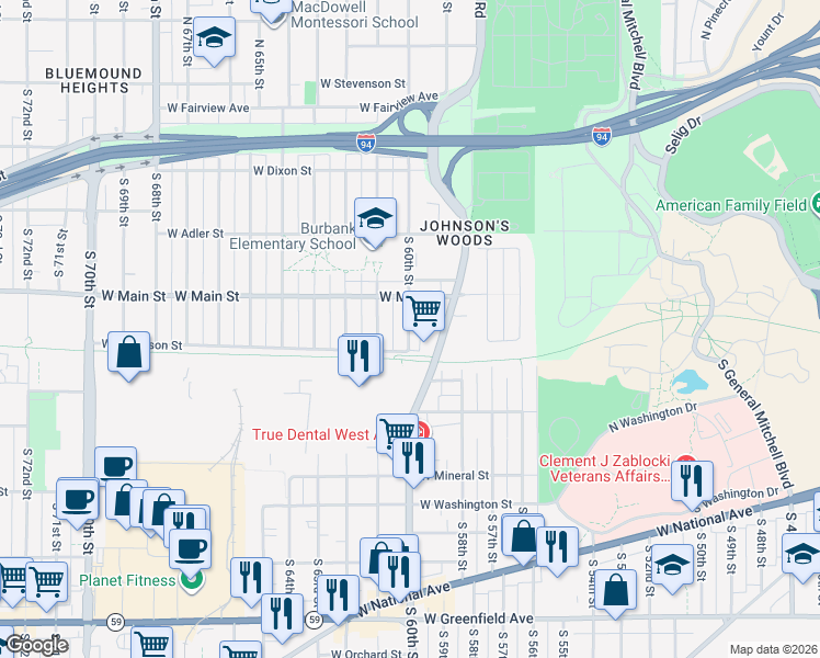 map of restaurants, bars, coffee shops, grocery stores, and more near 6047 South 60th Street in Milwaukee