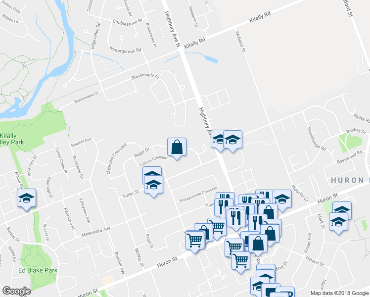 map of restaurants, bars, coffee shops, grocery stores, and more near 89 Trillium Crescent in London