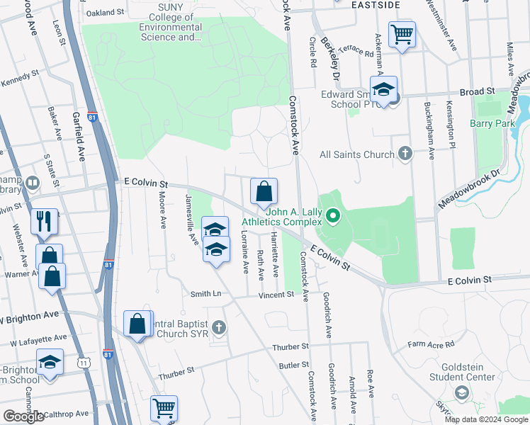 map of restaurants, bars, coffee shops, grocery stores, and more near 1112 East Colvin Street in Syracuse