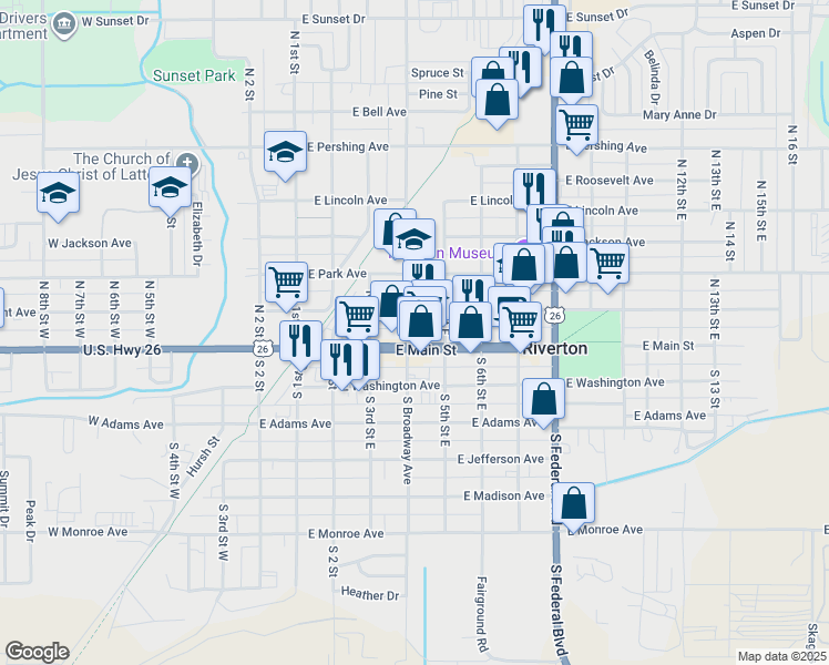 map of restaurants, bars, coffee shops, grocery stores, and more near 413 East Main Street in Riverton