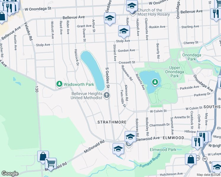 map of restaurants, bars, coffee shops, grocery stores, and more near 2117 South Geddes Street in Syracuse