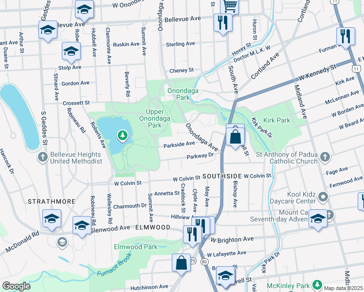 map of restaurants, bars, coffee shops, grocery stores, and more near 176 Parkway Drive in Syracuse