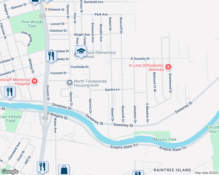 map of restaurants, bars, coffee shops, grocery stores, and more near 156 Robert Drive in North Tonawanda