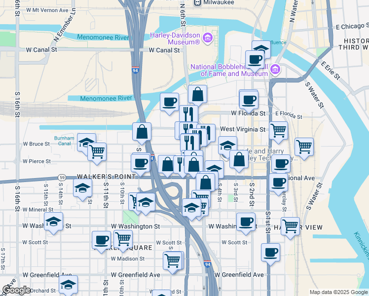 map of restaurants, bars, coffee shops, grocery stores, and more near 636 South 6th Street in Milwaukee