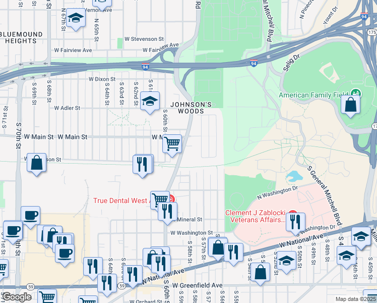 map of restaurants, bars, coffee shops, grocery stores, and more near 676 South Hawley Road in Milwaukee