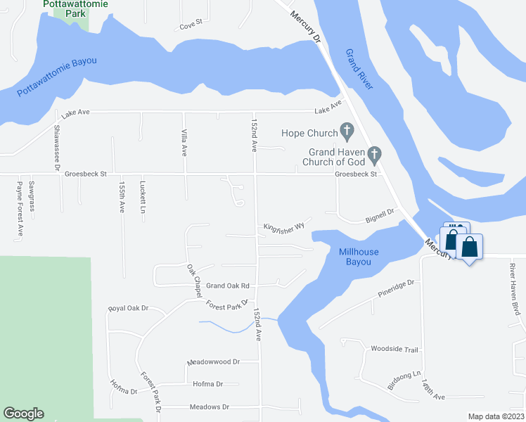 map of restaurants, bars, coffee shops, grocery stores, and more near 14110 152nd Avenue in Grand Haven