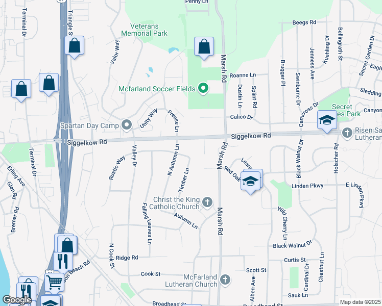 map of restaurants, bars, coffee shops, grocery stores, and more near 5015 Timber Lane in McFarland