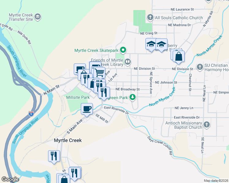 map of restaurants, bars, coffee shops, grocery stores, and more near 150 Northeast Broadway Street in Myrtle Creek