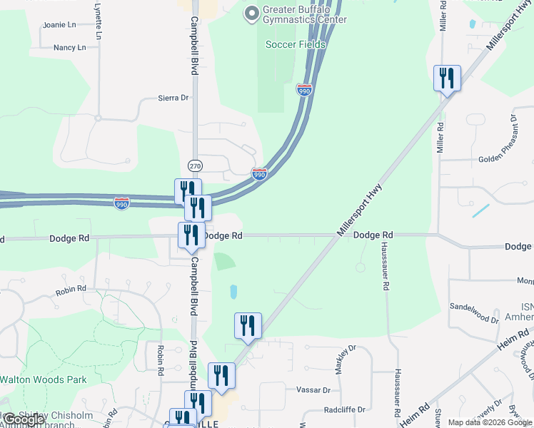 map of restaurants, bars, coffee shops, grocery stores, and more near 780 Dodge Road in Getzville