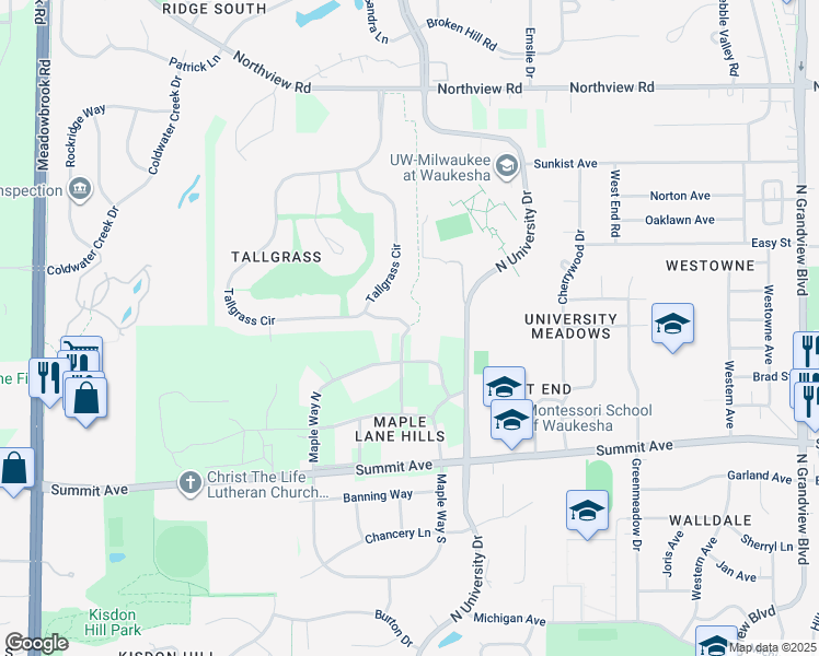 map of restaurants, bars, coffee shops, grocery stores, and more near Oakdale Dr & W Sunset Dr in Waukesha