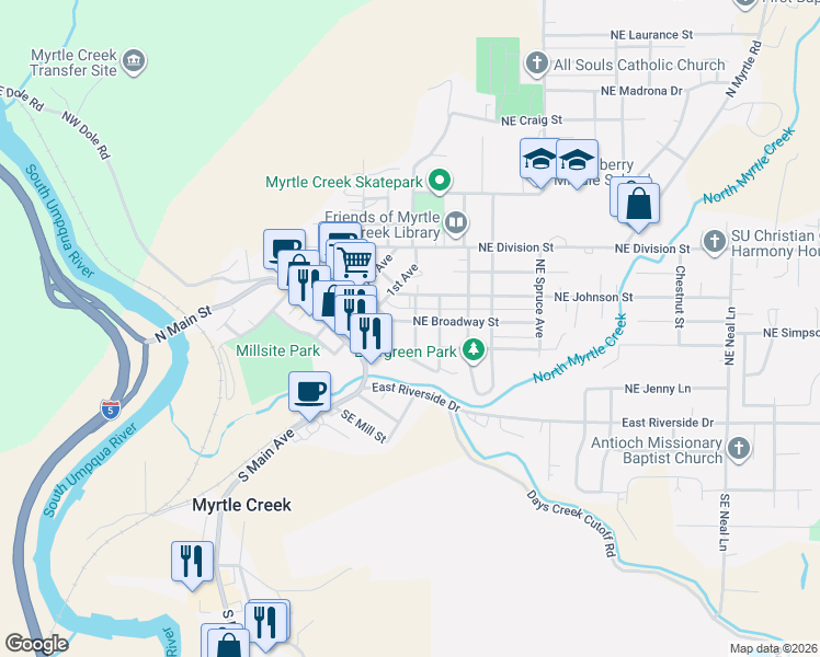 map of restaurants, bars, coffee shops, grocery stores, and more near 150 Northeast Broadway Street in Myrtle Creek