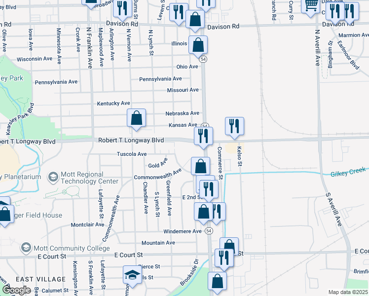 map of restaurants, bars, coffee shops, grocery stores, and more near 2700 Robert T Longway Boulevard in Flint
