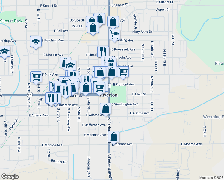 map of restaurants, bars, coffee shops, grocery stores, and more near 104 North 10th Street East in Riverton