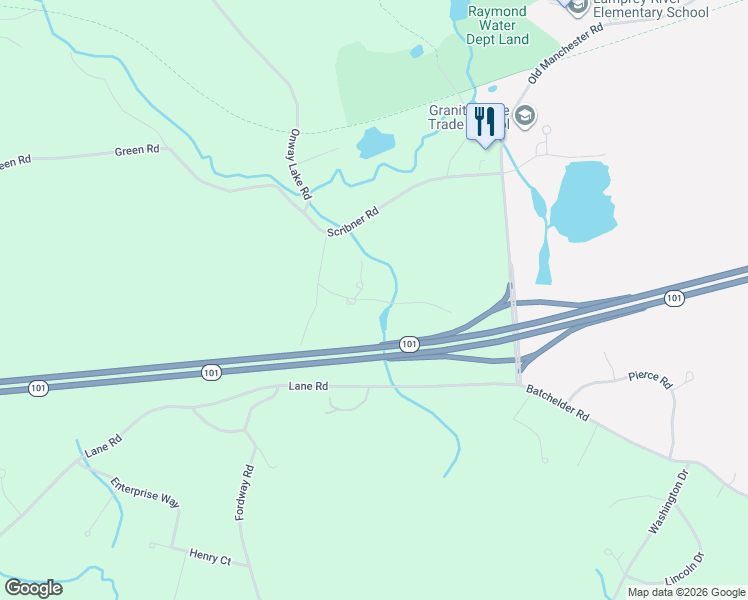 map of restaurants, bars, coffee shops, grocery stores, and more near 11 Old Batchelder Road in Raymond