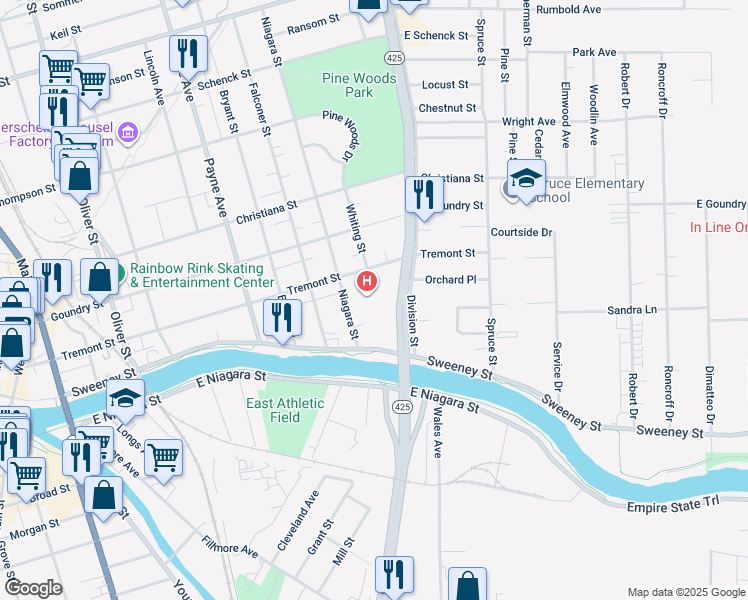 map of restaurants, bars, coffee shops, grocery stores, and more near 29 Niagara Street in North Tonawanda